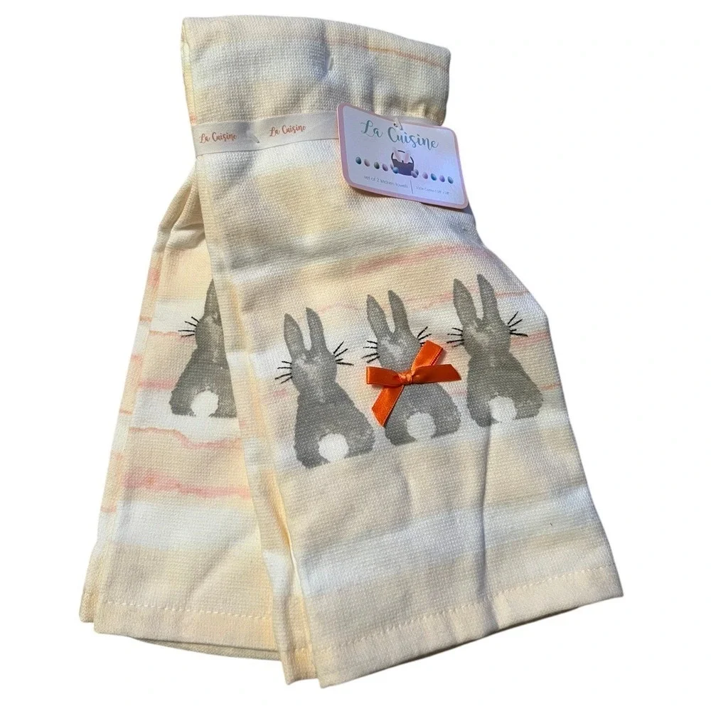 La Cuisine Kitchen Towels Unisex 18x28 Cream New Easter Bunny Set of 2 Cotton